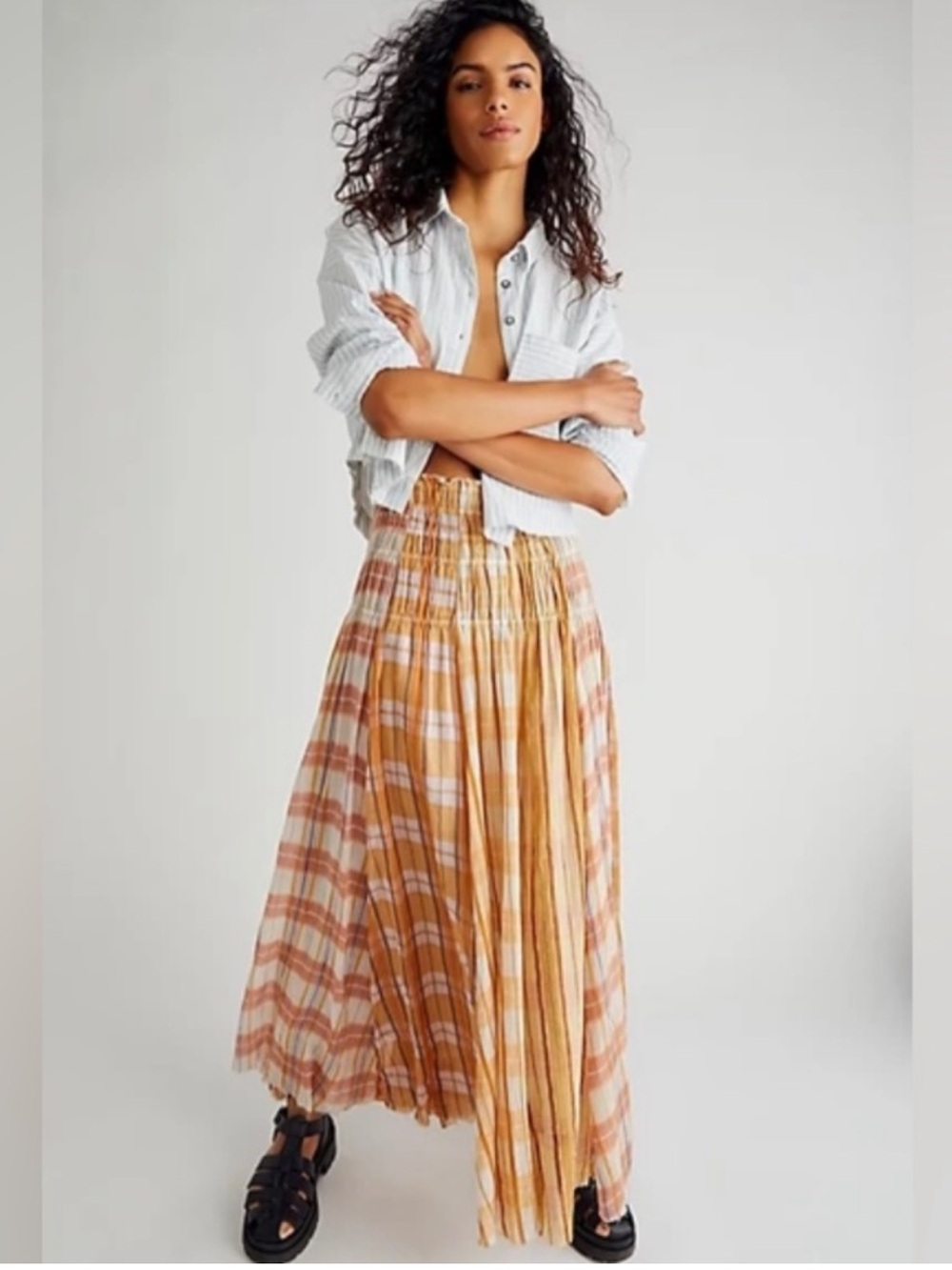 Free People Lausanne Convertible Maxi Skirt in Neutral Plaid Boho Cottagecore